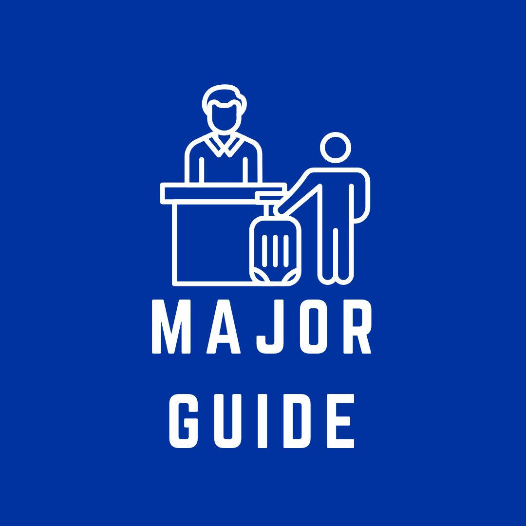 blue logo for hospitality and tourism management major, image is a drawing of person behind podium, another person standing with suitcase, above text that reads "major guide"